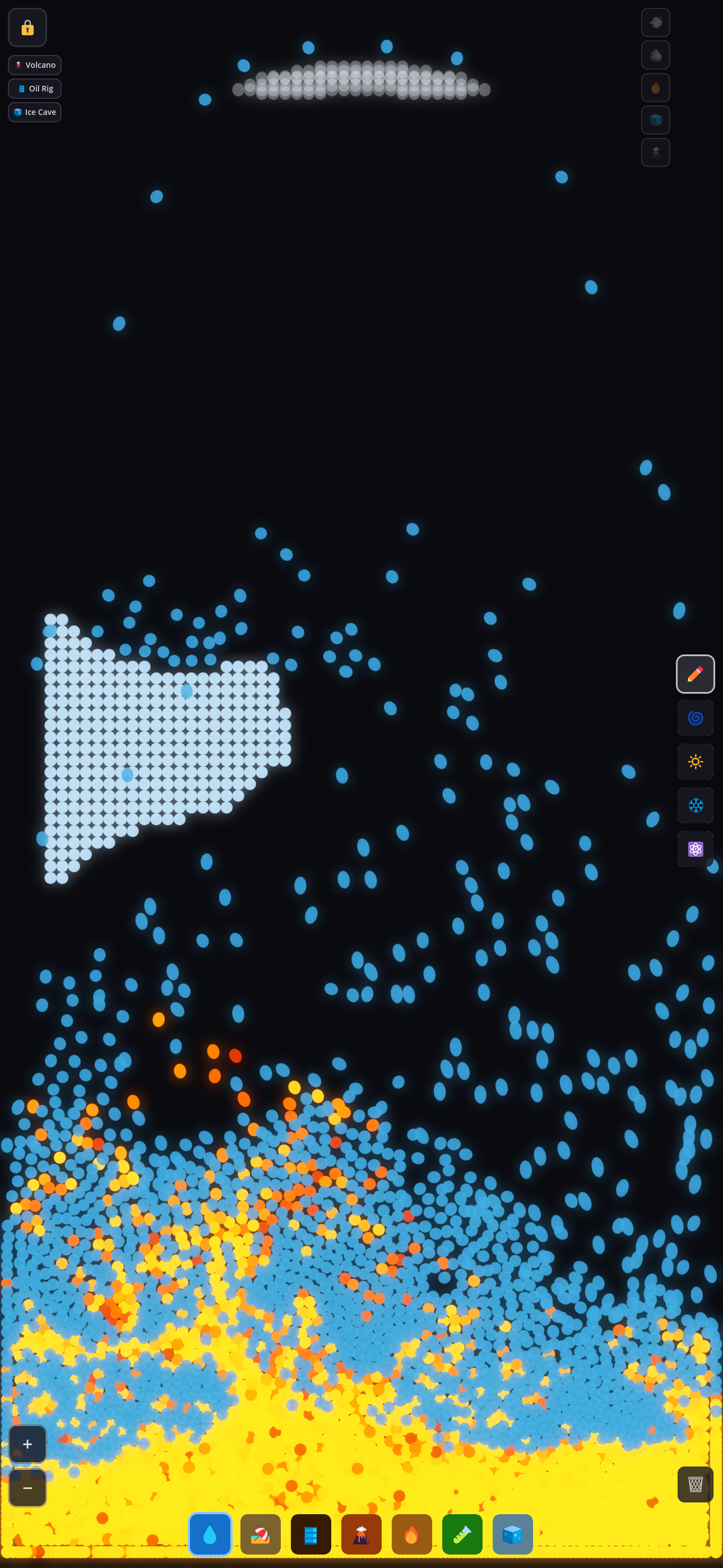 FluidDuel sandbox: thousands of colored particles falling and pooling. Blue water, orange and yellow fire and lava settle at the bottom, with preset buttons for Volcano, Oil Rig, and Ice Cave and a row of element tools.